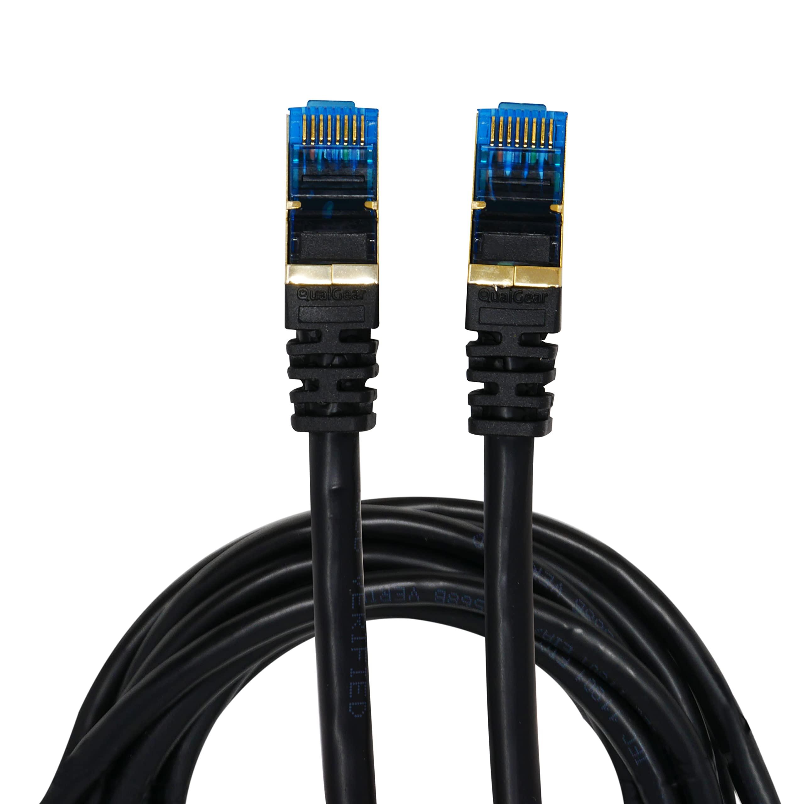 QualGear QualGear RJ45 Cat 7 Ethernet Patch Cable, 10Gpbs High-Speed Cable, 600MHz, Triple-Shielded, Round, 10 Feet, Black