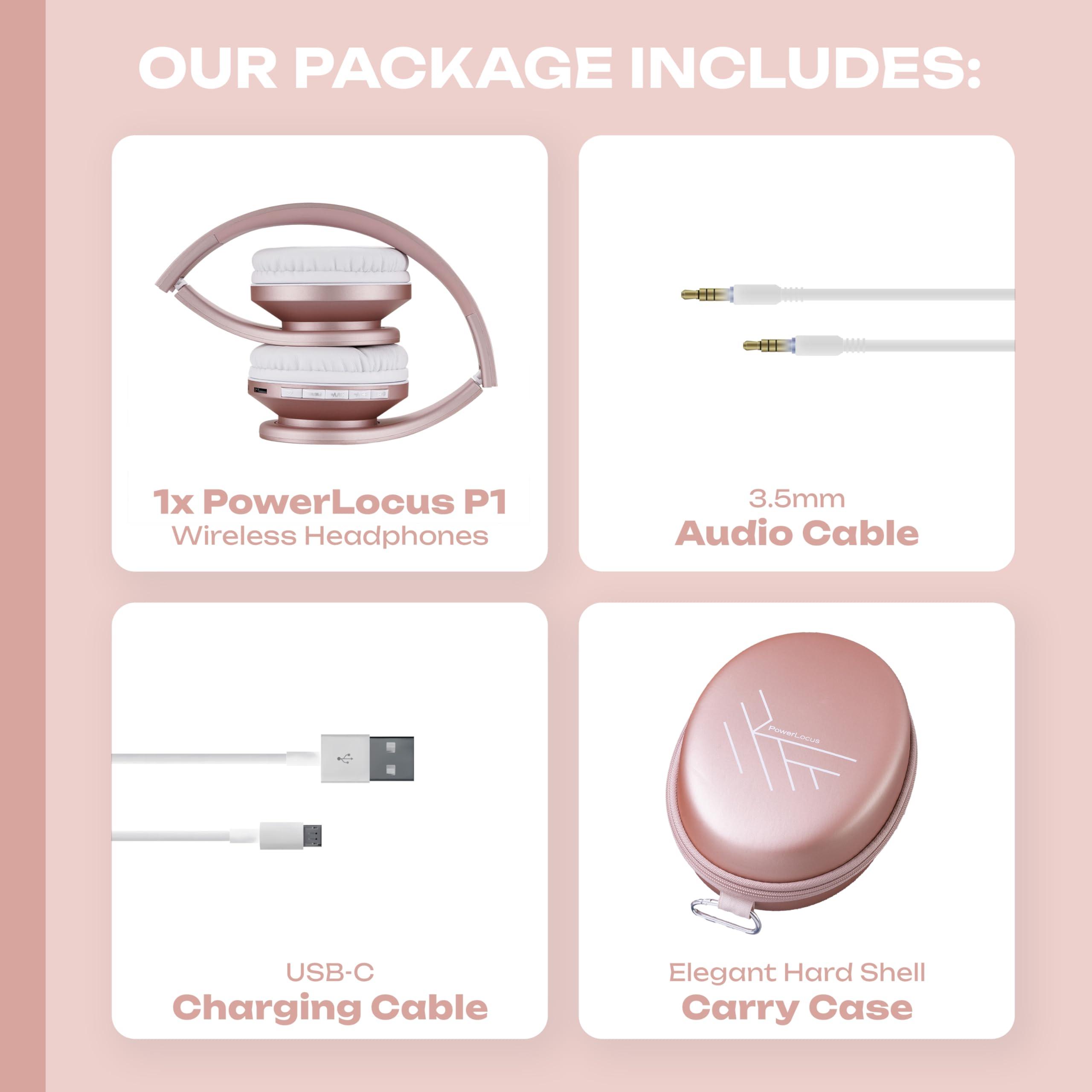 PowerLocus PowerLocus Wireless Bluetooth Over-Ear Stereo Foldable Headphones, Wired Headsets Rechargeable with Built-in Microphone for iPhone, Samsung, LG, iPad (Rose Gold PL Collection)