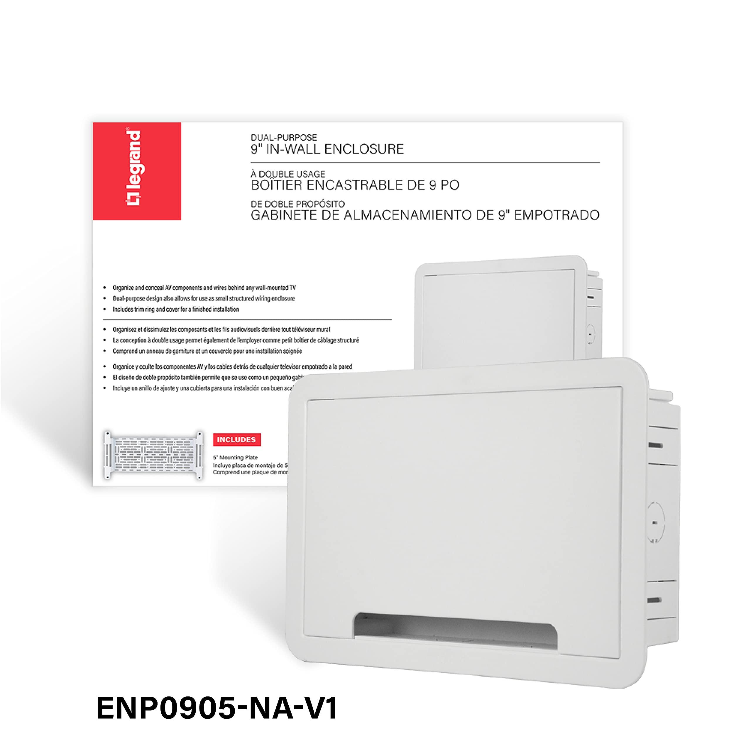 On-Q Legrand - OnQ 9 In. Media Enclosure, Wall Cable Management to Organize System Devices, Home Networking Panel Dual Purpose In Wall Enclosure for Device Storage, Media Box, White, ENP0905NAV1