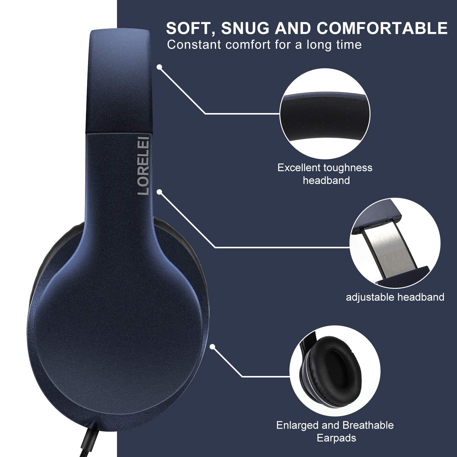 LORELEI LORELEI X6 Over-Ear Headphones with Microphone, Lightweight Foldable & Portable Stereo Bass Headphones with 1.45M No-Tangle, Wired Headphones for Smartphone Tablet MP3 / 4 (Dark Blue)