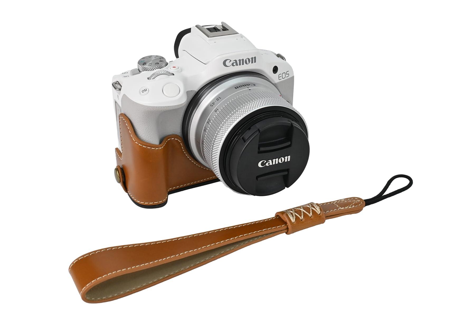 BMAOLLONGB R50 Case, BMAOLLONGB Handmade PU Leather Half Camera Case Bag Cover Bottom Opening Version for Canon Eos R50 with Hand Strap (Brown)