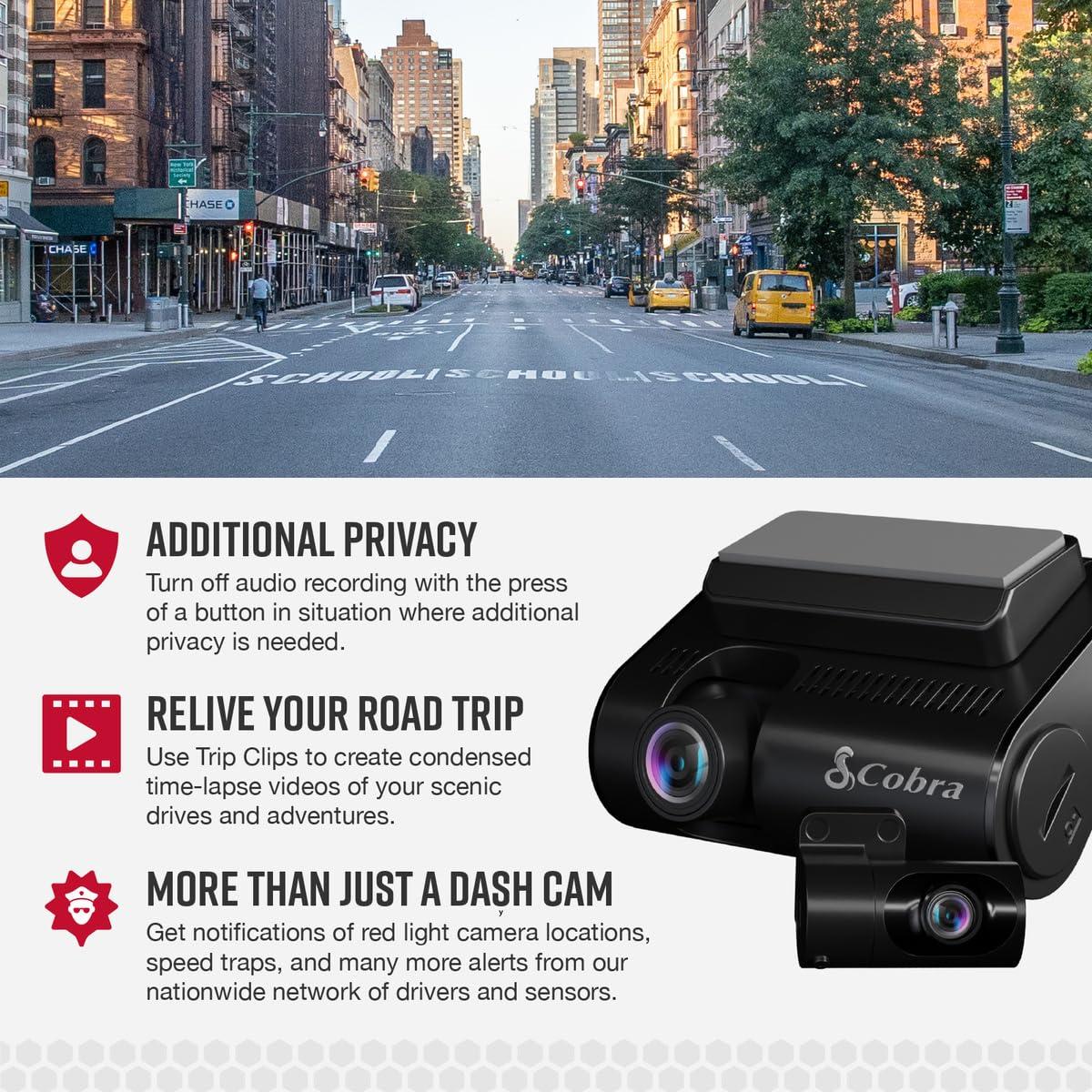 Cobra Cobra Smart Dual View Front and Rear Dash Cam (SC 250R) True 4K Resolution, 360 Alerts, Parking Live View, Incident Reports, Emergency MayDay, 32 GB SD Card Included, CarPlay & Android Auto