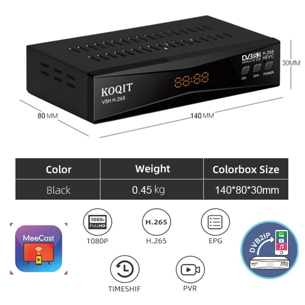 KOQIT Koqit V5H H.265 Free To Air FTA Satellite Receiver DVB-S2 Satellite TV Receiver HEVC DVB S2 Galaxy 19 Receivers Sat DVB Finder Meecast Biss PVU YouTube TV Decoder DVB2IP Box