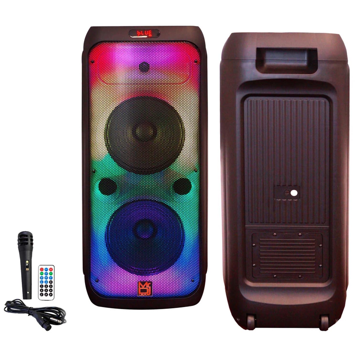 Mr. Dj MR DJ USA FLAME4200 10" X 2 Rechargeable Portable Bluetooth Karaoke Speaker with Party Flame Lights Microphone TWS USB FM Radio + 54-LED Slim Par Wash DJ Light