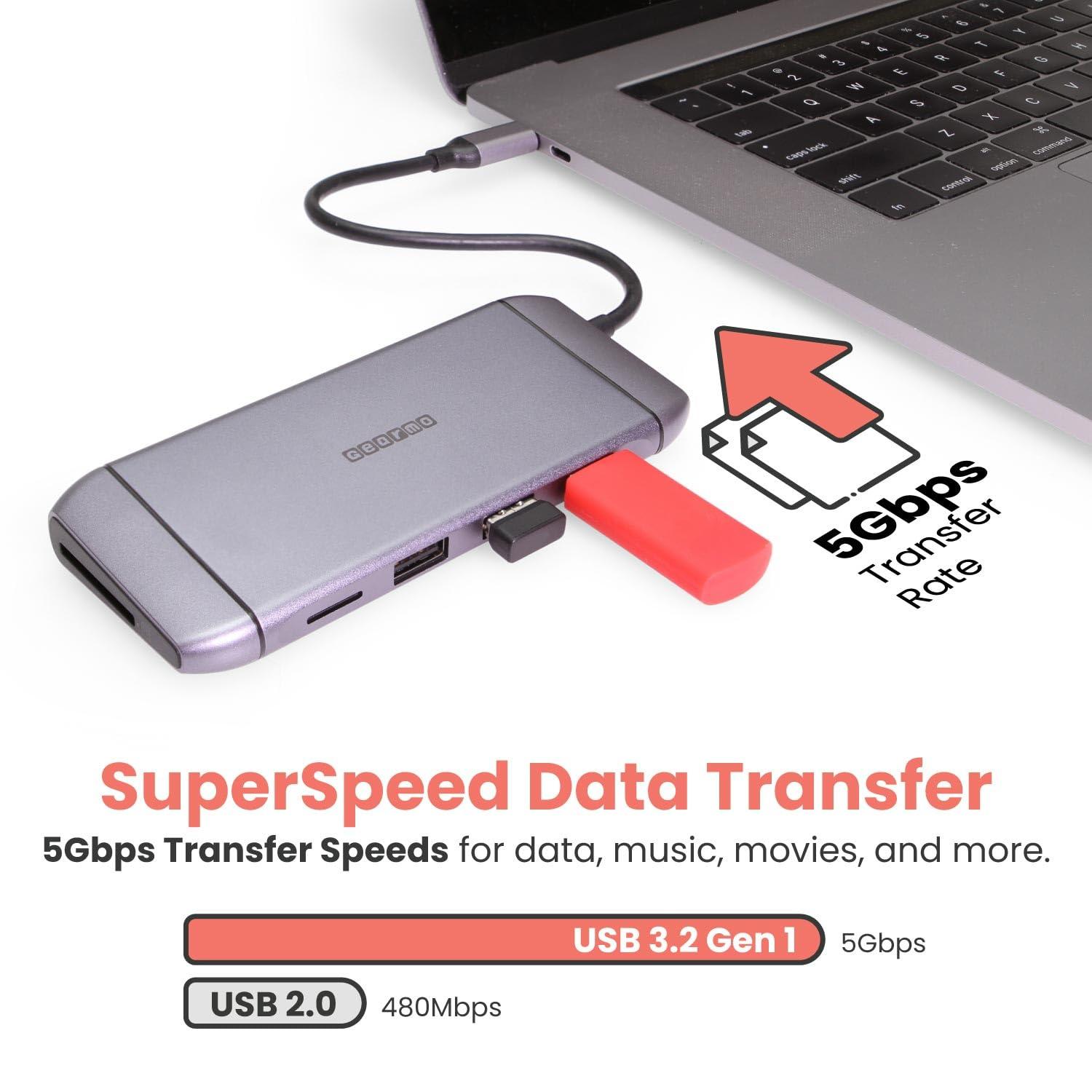 Gearmo 9-in-1 USB-C Hub Docking Station - 4K HDMI, VGA, Ethernet, SD, 60W Power Delivery | Travel Ready for Laptops