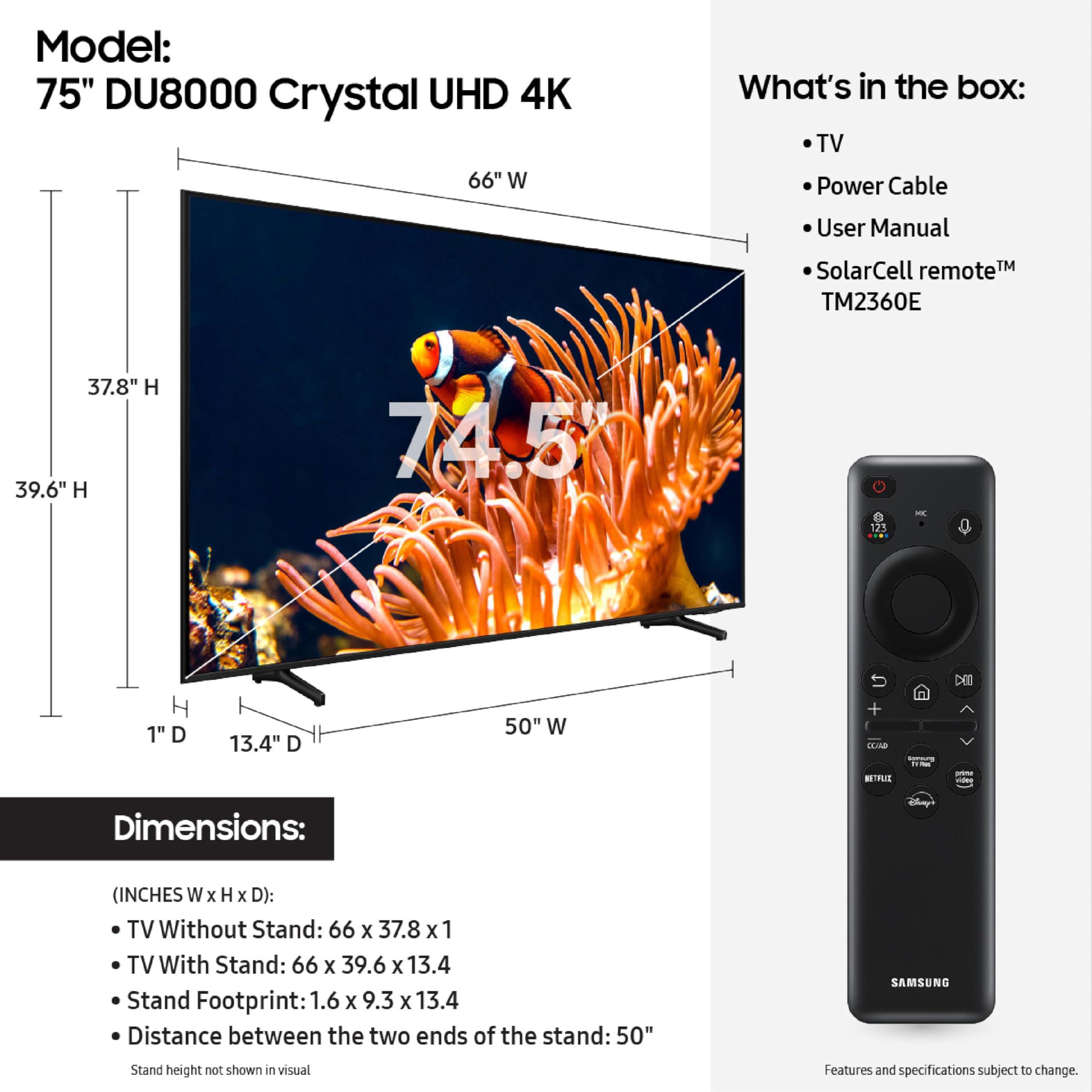 Samsung SAMSUNG 75-Inch Class 4K Crystal UHD DU8000 Series HDR Smart TV w/Object Tracking Sound Lite, Motion Xcelerator, Ultra Slim Design, Gaming Hub, Alexa Built-in (UN75DU8000, 2024 Model)