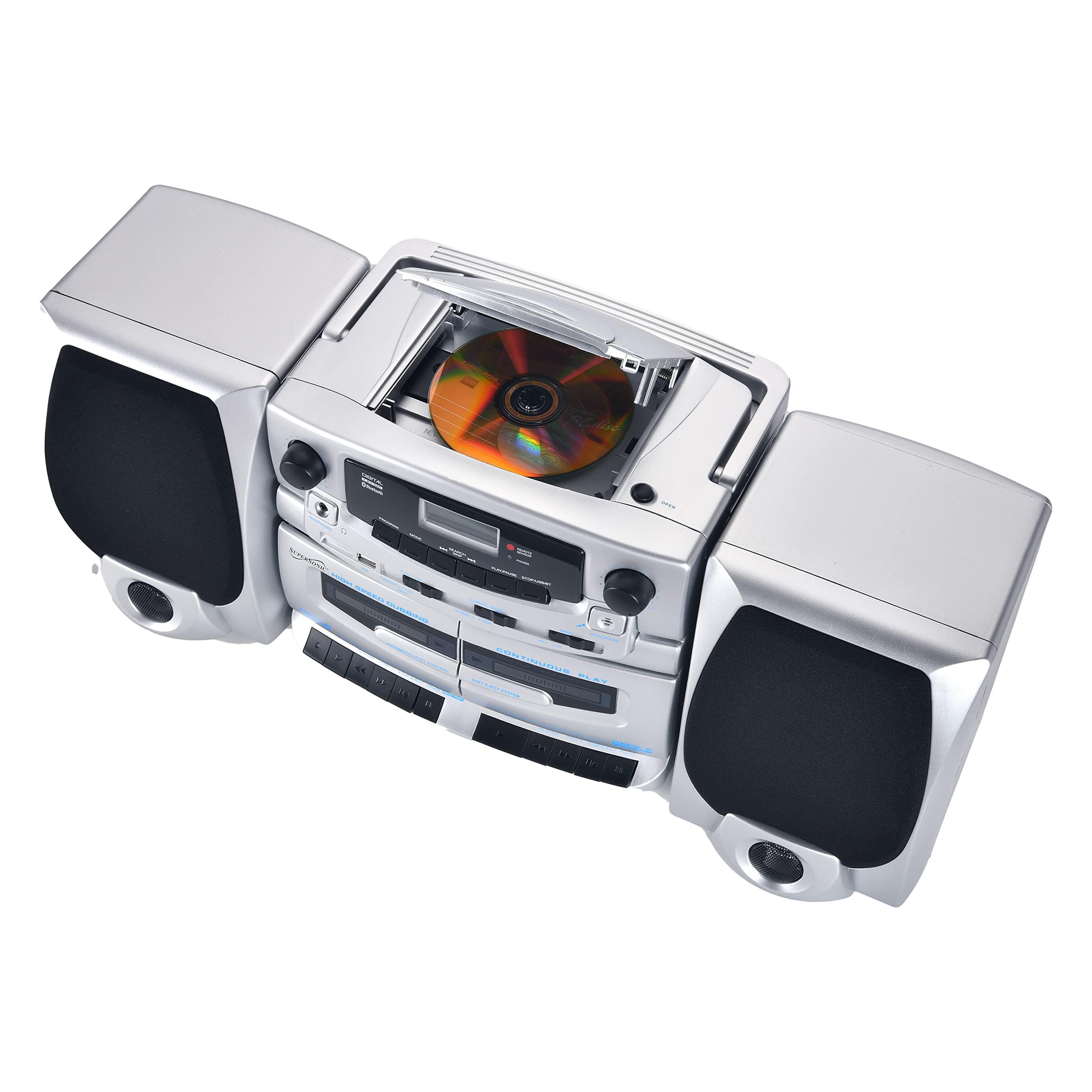 Supersonic Supersonic SC-2121BT Bluetooth Entertainment Audio System, Bluetooth 5.0, op Loading MP3/CD Player, AM/FM Radio, USB Input, Double Cassette Recorder, High-Performance Detachable Speakers, AC/DC
