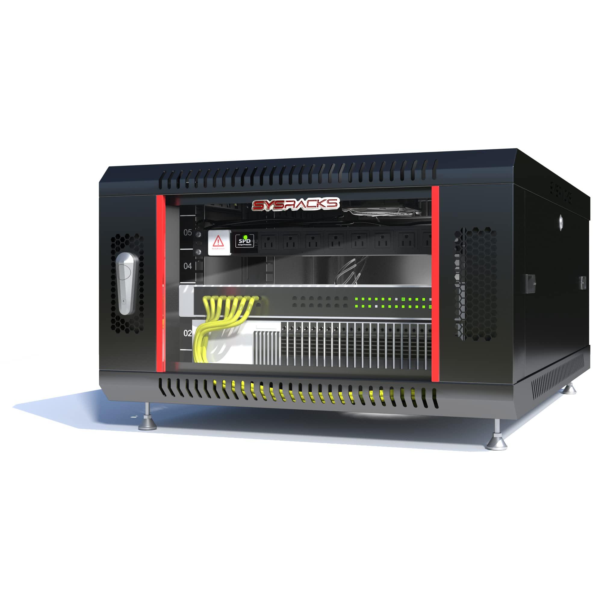 Sysracks Server Rack - Wall Cabinet - 6U Wall Mount Rack Enclosure with Fans - Audio Rack - Network Rack - 24 Inch Depth AV Cabinet - on Levelers - PDU - Shelf - Locking Cabinet - Black (6U 24"x18"x14.5")