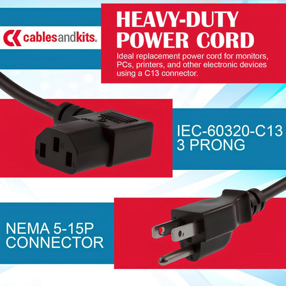 CablesAndKits CablesAndKits 10 ft Right Angle Power Cord for PC Computer Monitor Printer, 10A/125V, 18 AWG, 5-15P to C13, Right Angle Computer Power Cord (NEMA 5-15P to IEC-60320-C13) Black Lifetime Wty