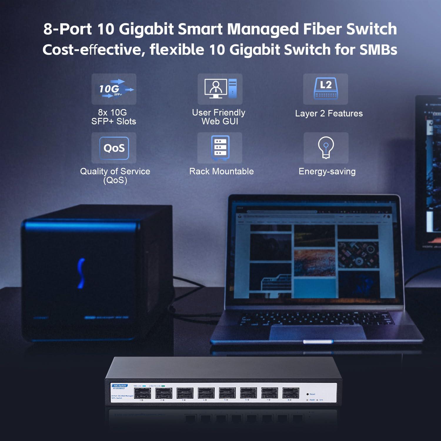 YuLinca 8 Port 10Gbps SFP+ Managed Switch, Support 1G/2.5G/10G SFP Module, 160Gbps Bandwidth, Desktop|Wallmount Metal Fanless, YuLinca Managed Fiber Switch