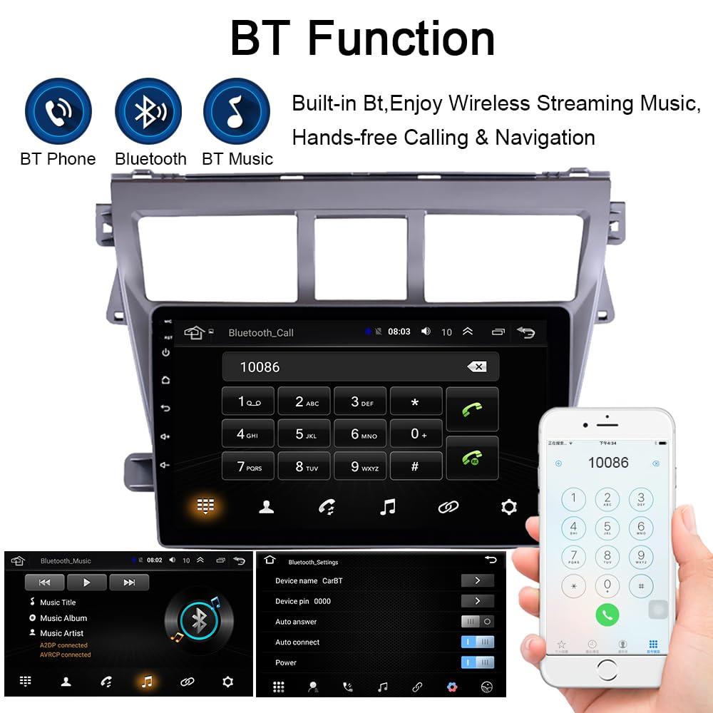 Hac Sa Beach for Toyota Vios Yaris Radio 2007-2012 Android 13 Car Stereo Wireless Apple Carplay Android Auto 9 Inch Touchscreen GPS Navigation Car Audio Receiver Bluetooth SWC Mic (4GB RAM+64GB ROM)