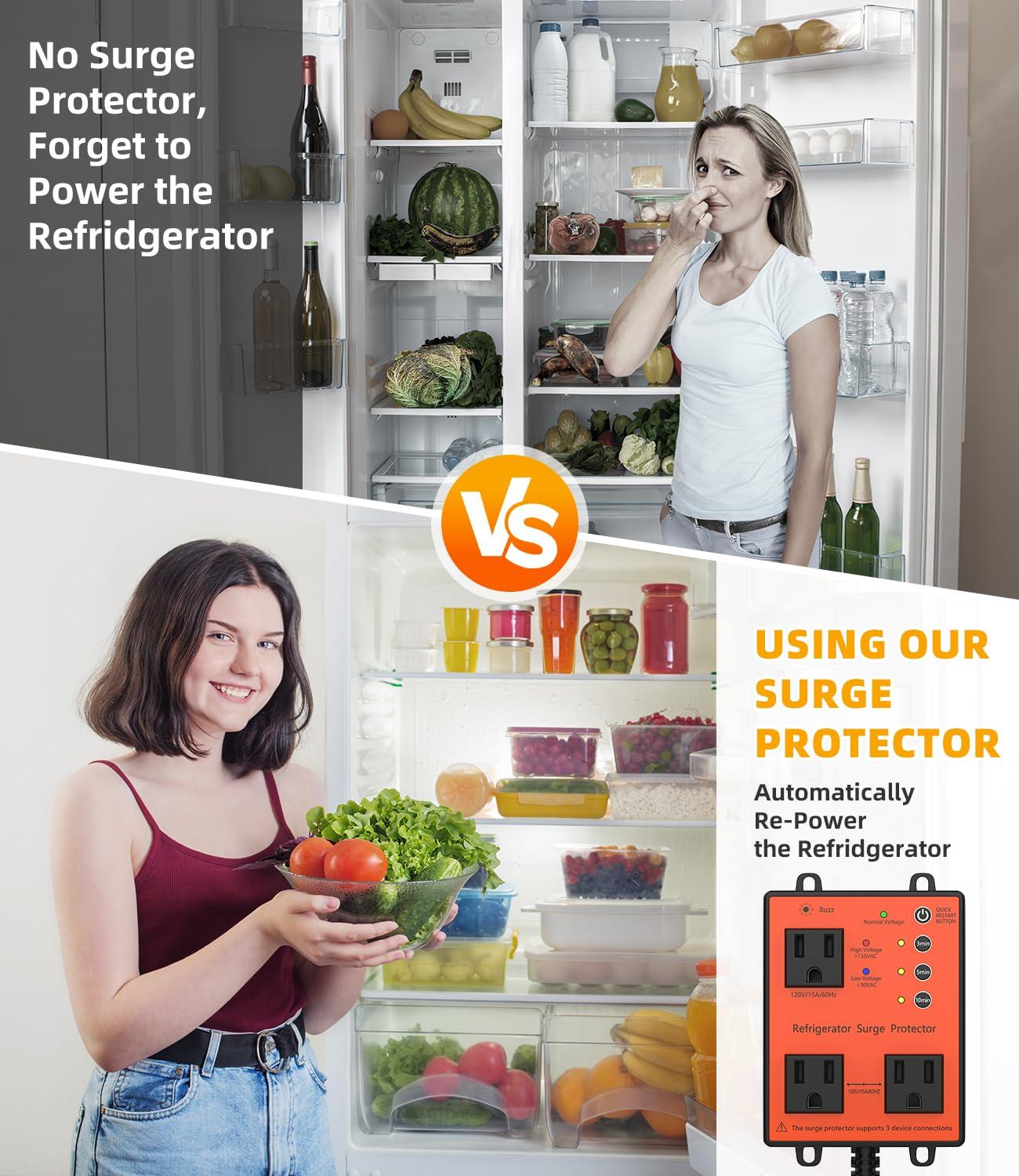 HAOYIKONG Refrigerator Surge Protector, 3-Outlet 120V for Home Appliance Surge Protector, Time Delay, LED Indicator Light & 110dB Alarm, Protects Against Voltage Abnormalities, Brownout, Spike, Instant Surge