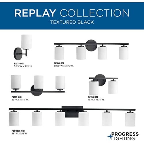Progress Lighting Replay Collection 3-Light Etched Glass Modern Bath Vanity Light Textured Black