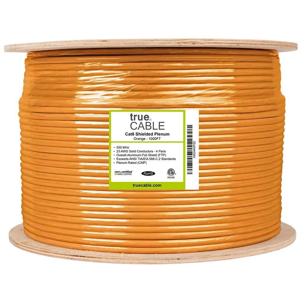 TRUE CABLE trueCABLE Cat6 Plenum Shielded (CMP), 1000ft, Orange, 23AWG Solid Bare Copper, 550MHz, PoE++ (4PPoE), ETL Listed, Overall Aluminum Foil Shield (F/UTP), Bulk Ethernet Cable