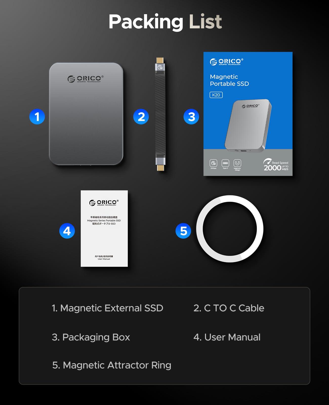 ORICO ORICO 1TB Magnetic Portable SSD, Aluminum Alloy, 4K 120 fps ProRes HDR Record and Store, Up to 2000MB/s, External Solid State Drive, Compatible with iPhone 16 Pro Max, Tablet, Computer - K20