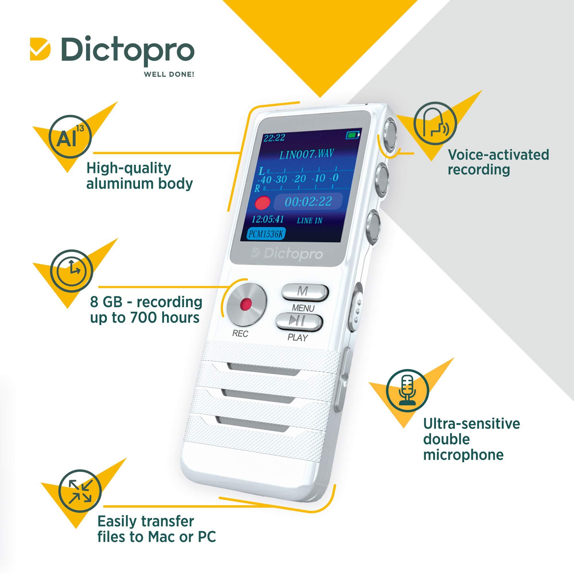 Dictopro Digital Voice Activated Recorder by Dictopro- Easy HD Recording of Lectures and Meetings with Double Microphone, Noise Reduction Audio, Sound, Portable Mini Tape Dictaphone, MP3, USB, 8GB