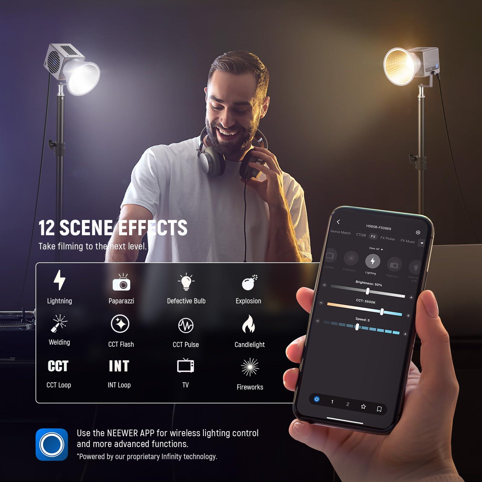 NEEWER NEEWER HS60B Mini Video Light with App Control, 60W Handheld Portable Bi Color COB LED Continuous Output Lighting with NS7L 12"/30cm Lantern Softbox for Photo Video Live Stream Portrait