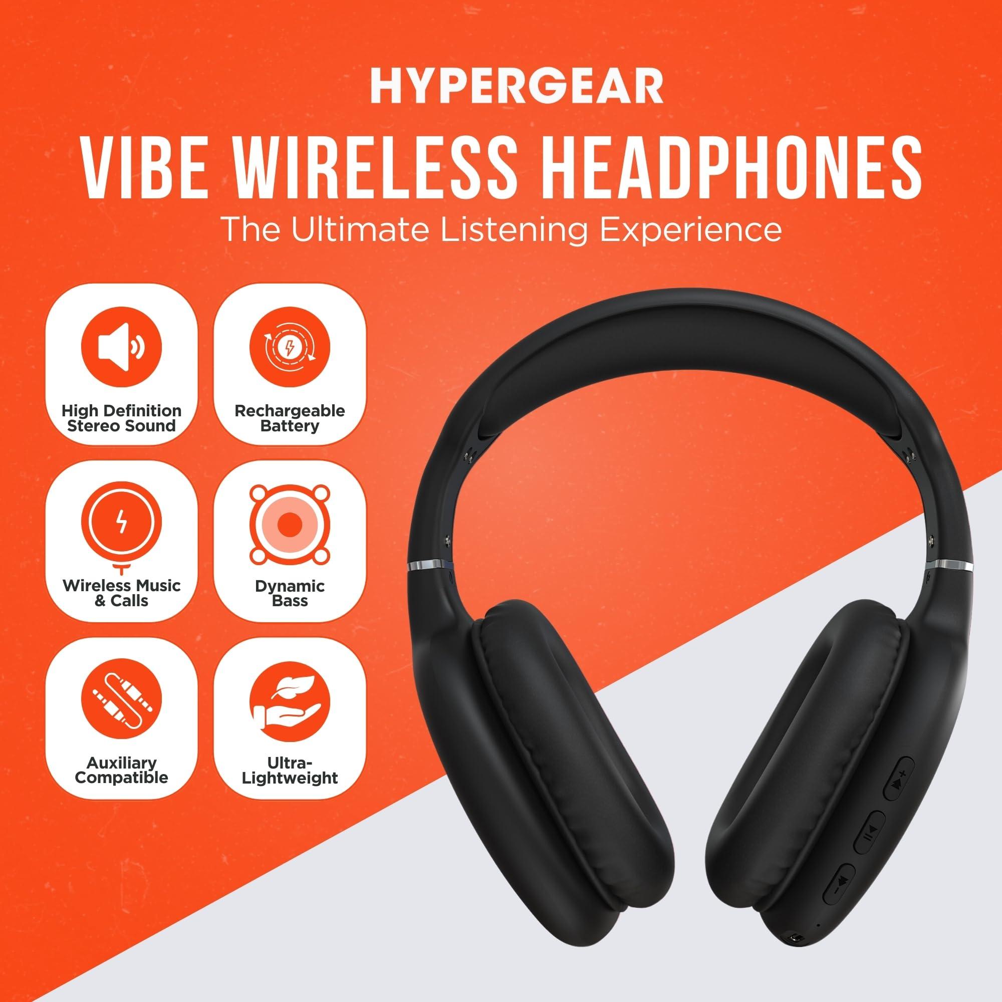 HyperGear HyperGear Vibe Bluetooth Wireless Headphones - Over-Ear Headphones Wireless for Music, Built-in Mic & Controls, Memory Foam Ear Cups for Travel, Home Office, Gym & More - Black