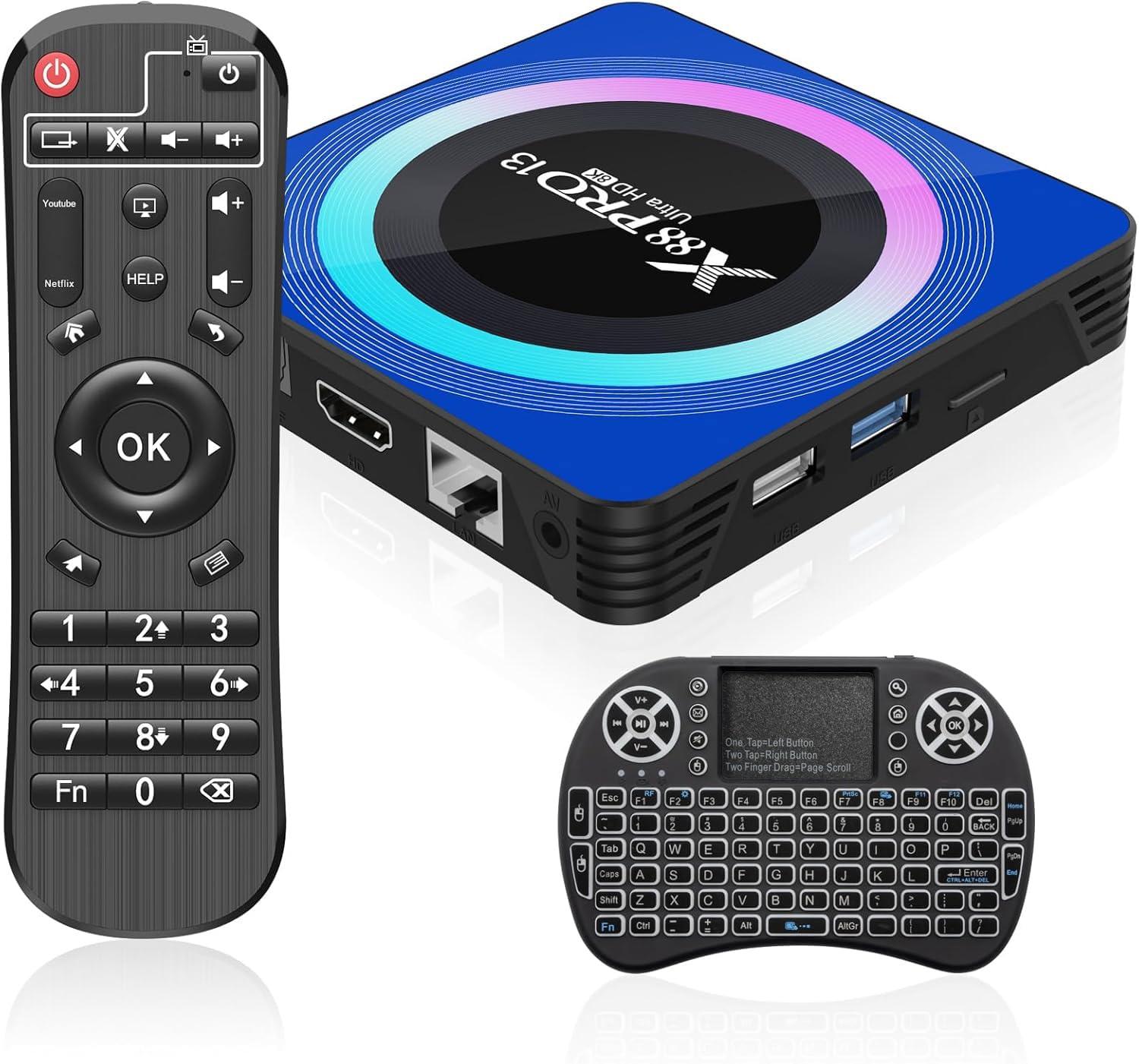 Sidiwen Android TV Box 13.0, Android Box 4GB RAM 64GB ROM, Quad Core Android Smart 8K TV Box with Mini Keyboard Support 2.4G/5.0GHz Dual WiFi 100M Ethernet Bluetooth