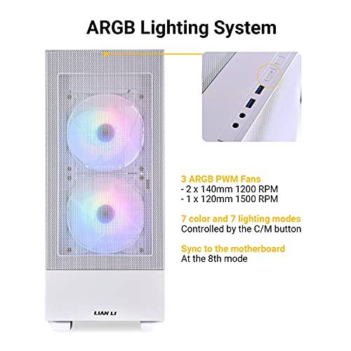 Lian Li LIAN LI Mesh Airflow ATX PC Case Gaming Computer Case Mid-Tower Chassis with 3 ARGB PWM Fans Pre-Installed, Mesh Front Panel, Tempered Glass Side Panel, Water-Cooling Ready(LANCOOL 205 MESH, White)