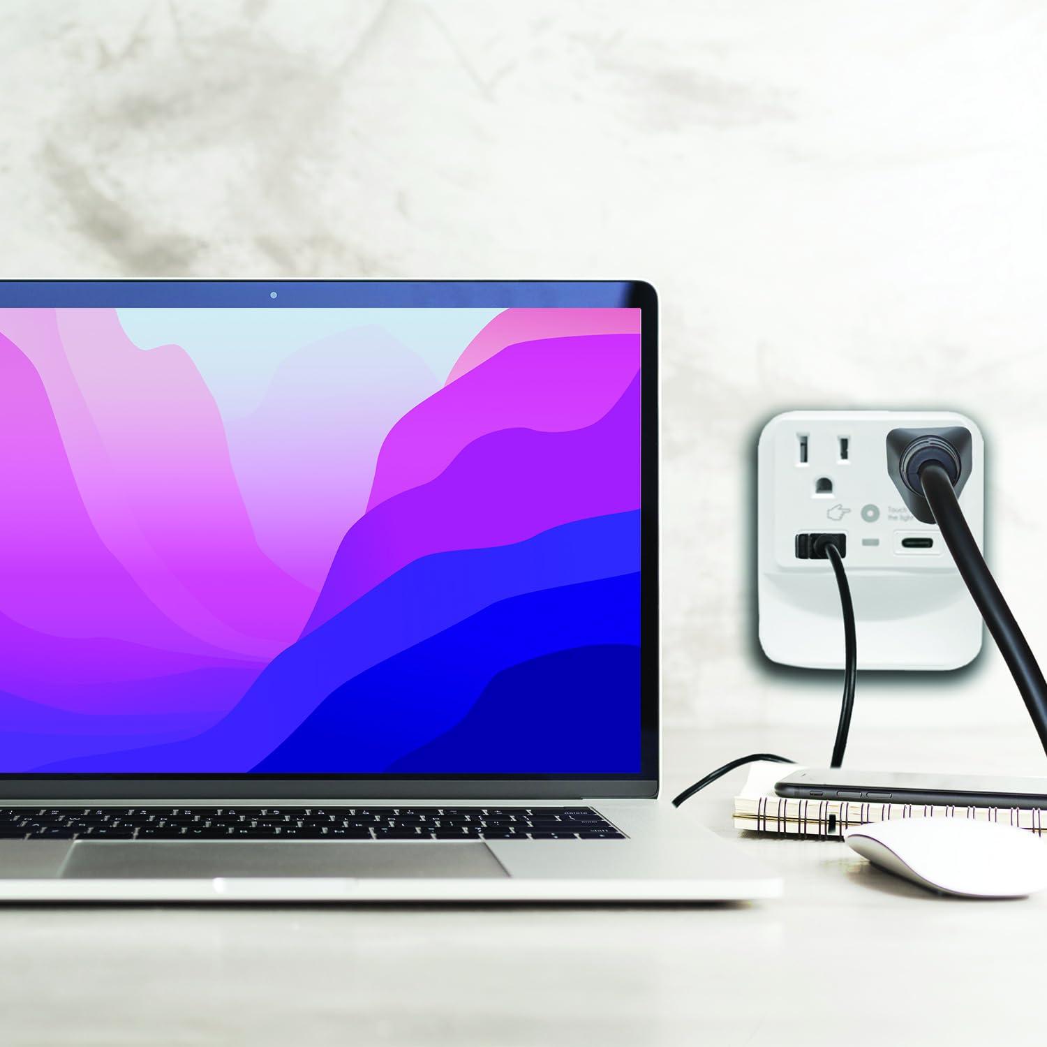 CIAO TECH 2 Outlet Extender with 1 USB-A & 1 USB-C with White Led Light - Multi Plug Outlet with 300 Joules Surge Protector - Multipurpose USB Outlet with 2.4A Fast Charging (White)