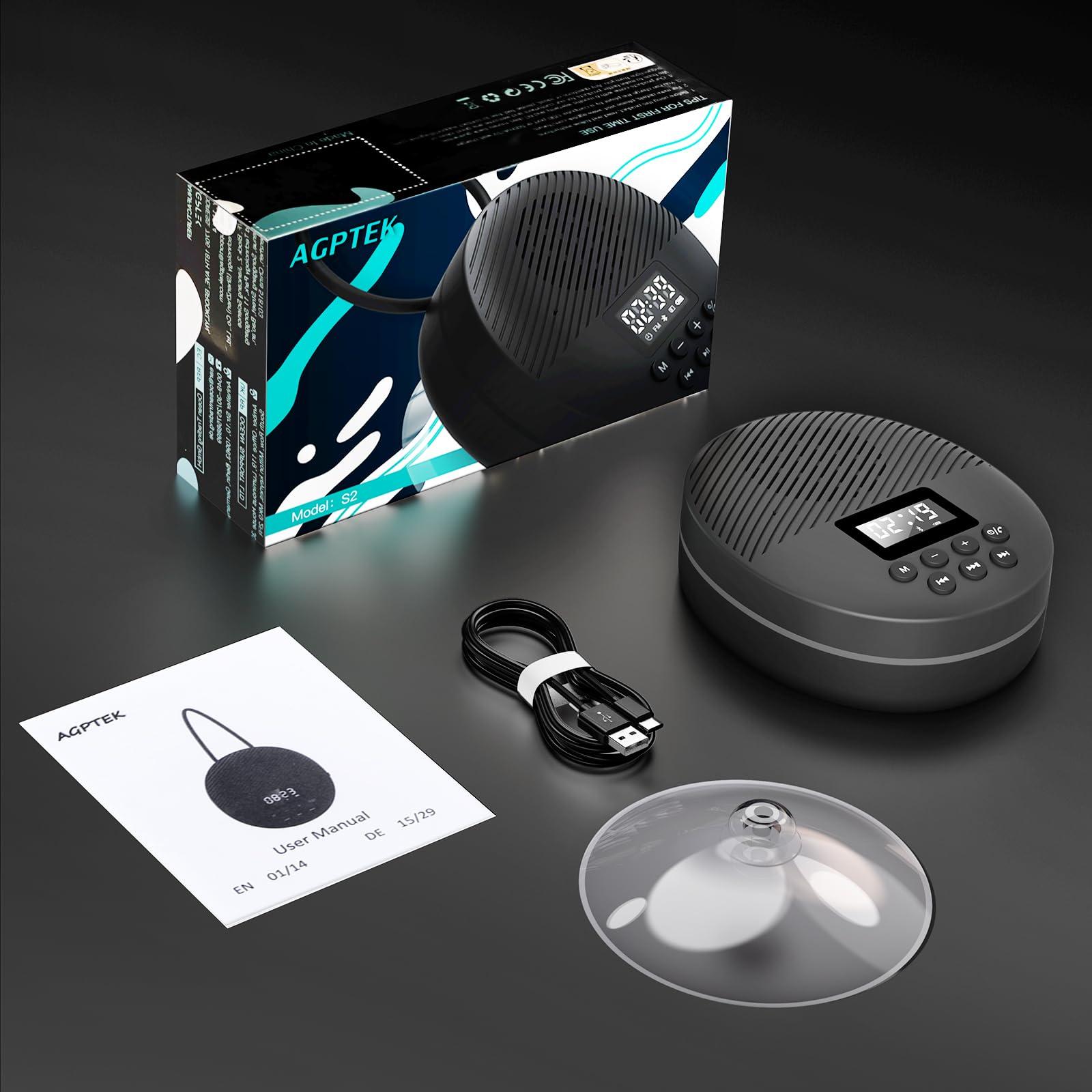 AGPTEK Shower Radio Speaker with Bluetooth 5.0, AGPTEK Waterproof Wireless Bathroom FM with Suction Cup 12H Long Playback Time, Lanyard, LCD Screen Display, Handsfree Calling, Storage Card Playback Black