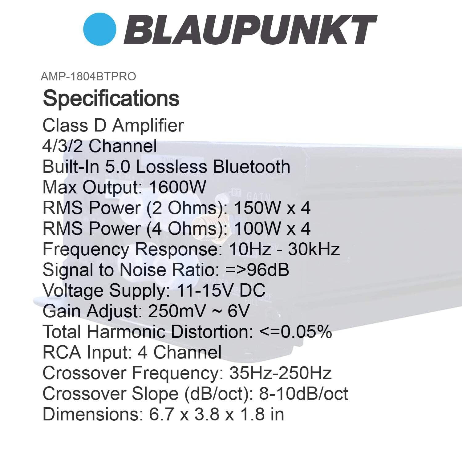 BLAUPUNKT BLAUPUNKT 1804BT PRO Car Audio 4/3/2-Channel Full Range 2 Ohm Stable Amp Amplifier 1600 Watts Max | Slim and Compact with Bluetooth