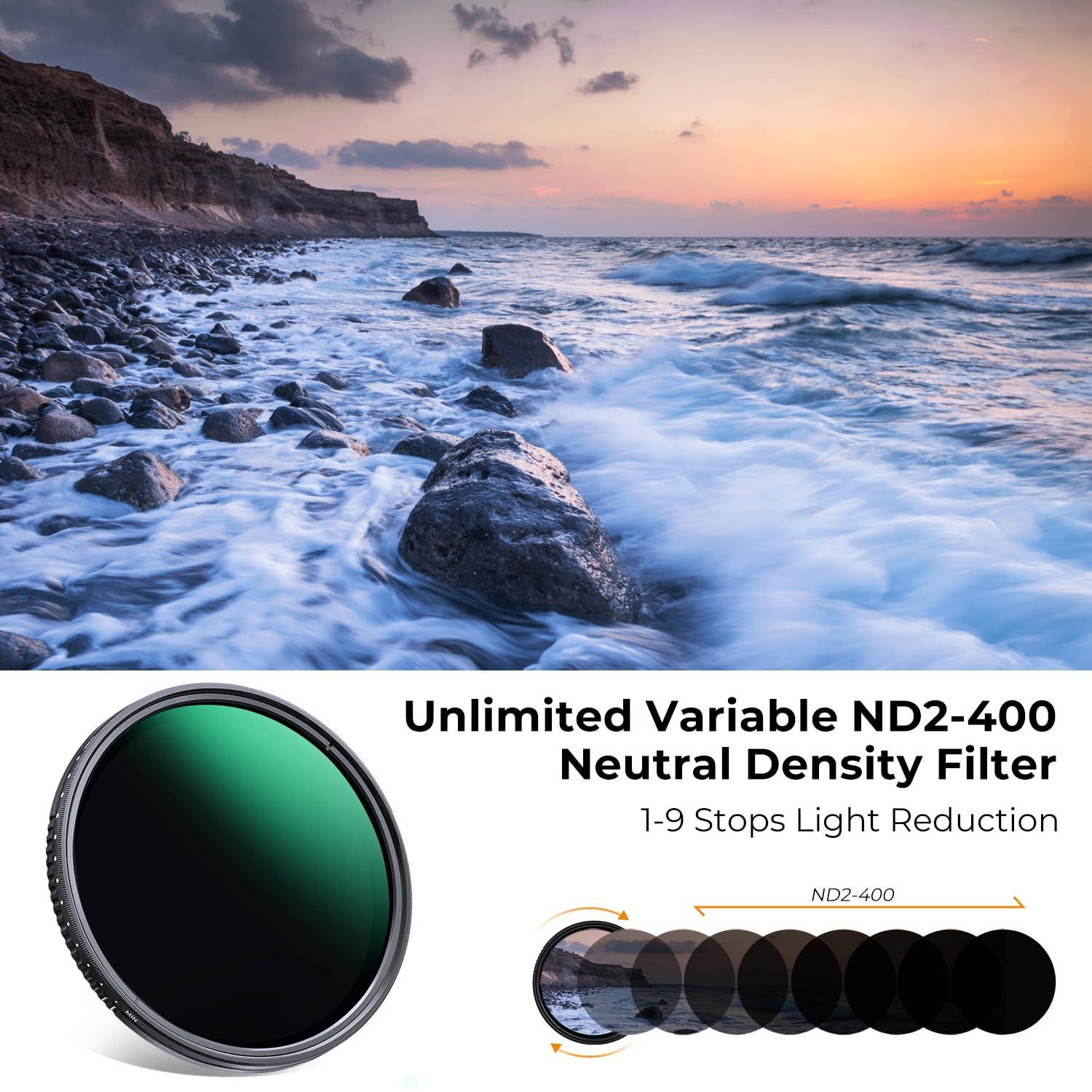 K&F Concept 67mm Variable ND2-400 & Filter Cap Kit, 1-9 Stops Variable Neutral Density TPU Lens Filter Cap Set