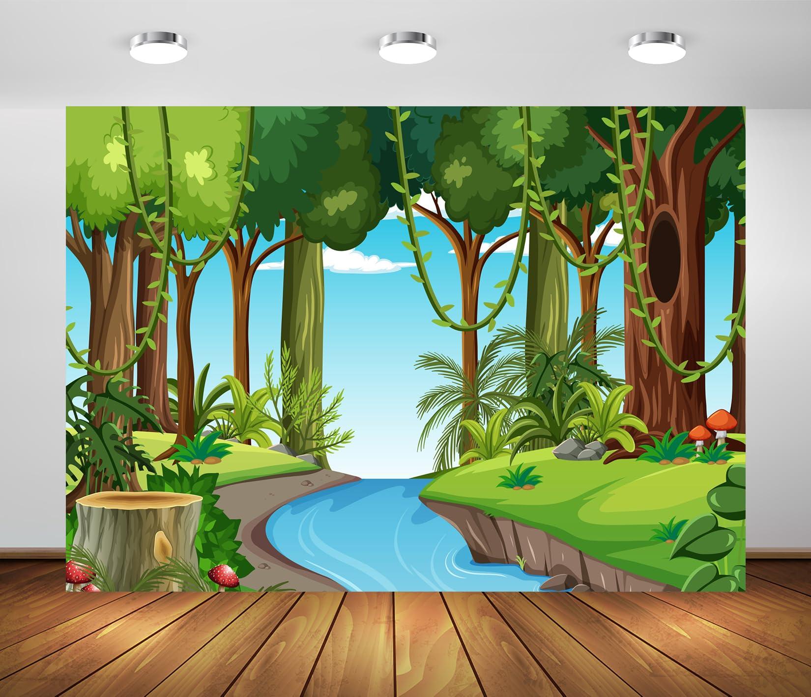 CORFOTO CORFOTO Jungle Forest Backdrop 5x3ft Fabric Nature Wild Scene River Pond Green Forest Photography Background for Safari Themed Birthday Party Supplies Zoo Party Banner Baby Shower Tropical Photo Props