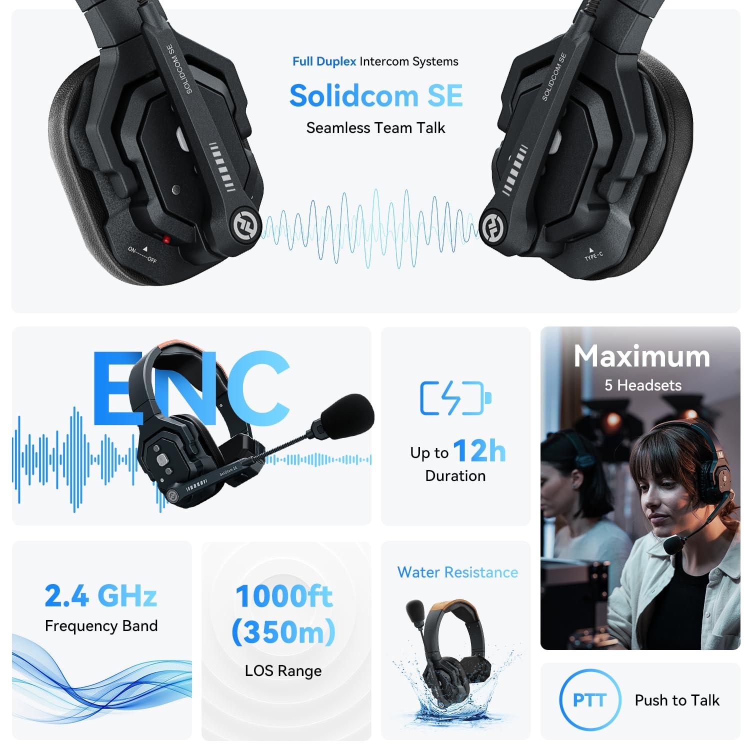 HollyView Hollyland Solidcom SE Full Duplex 4-Users ENC Noise Cancellation Wireless Intercom Headset System 1100ft Team Communication with PTT Mute Single Ear Headset for TV Film Production (2.4GHz Version)