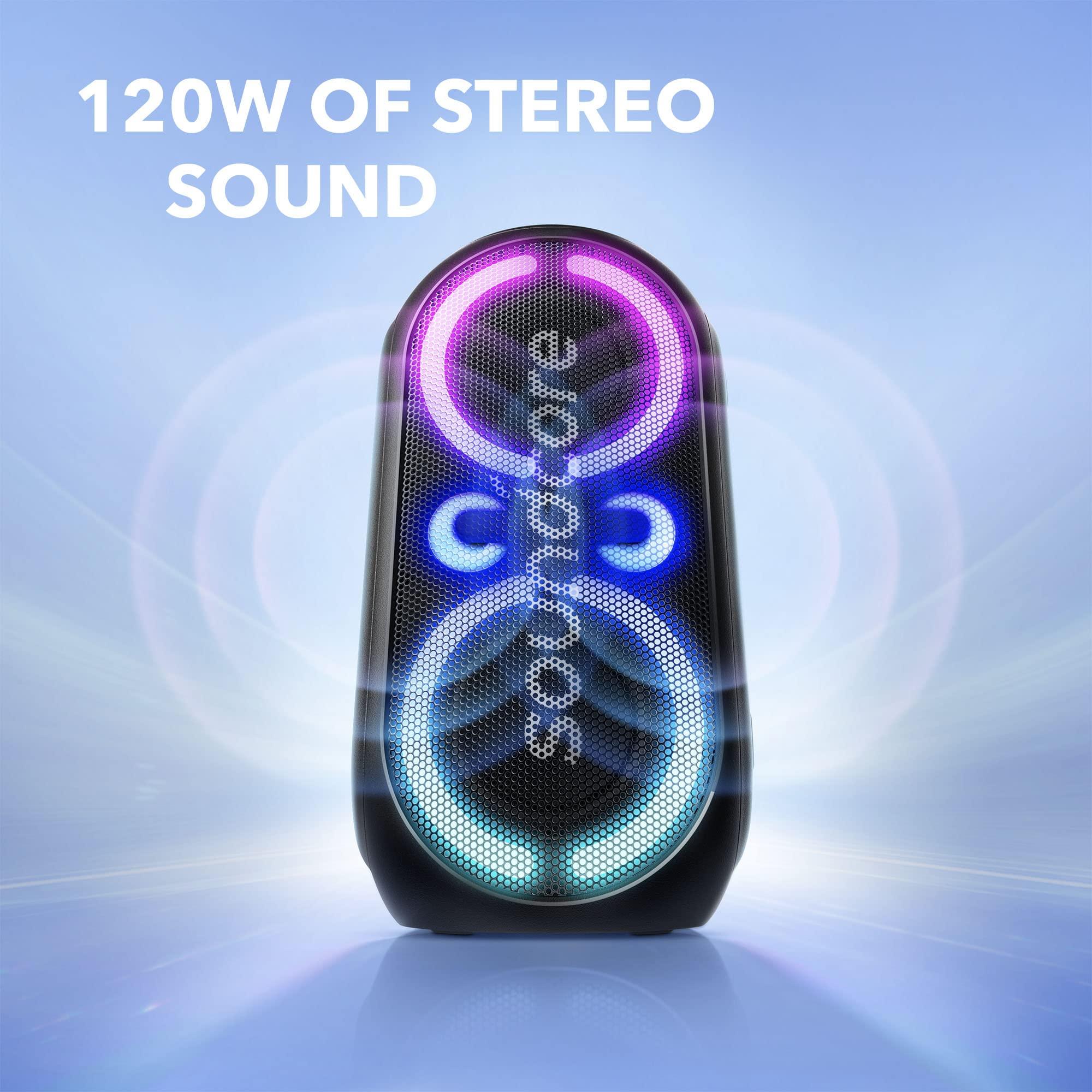 Soundcore Soundcore Anker Rave Party 2 Portable Speaker, 120W Stereo Sound, PartyCast 2.0, Light Show, IPX4 Water-Resistant, 16H Playtime, Mic Input, Custom EQ & Bass Up for Party (Renewed)