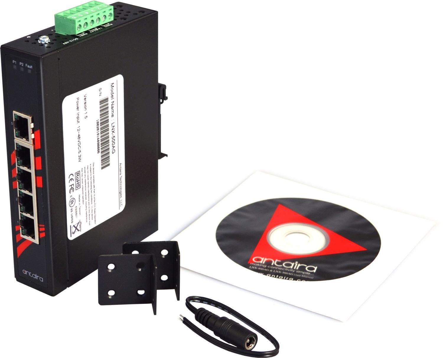 Antaira Technologies Antaira LNX-500AG Industrial-Grade 5-Port Unmanaged Gigabit Ethernet Switch, DIN-Rail Mount, -10 to 70C Operating Temperature, Redundant 12 to 48 VDC Power Input