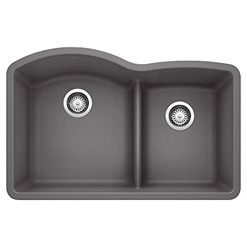 BLANCO BLANCO, Cinder 441591 DIAMOND SILGRANIT 60/40 Double Bowl with Low Divide Undermount Kitchen Sink, 32" X 21"