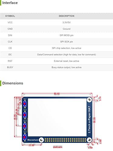 waveshare waveshare 2.7inch E-Ink Display HAT Compatible with Raspberry Pi 4B/3B+/3B/2B/B+/A+/Zero/Zero W/WH/Zero 2W Series Boards 264x176 Resolution SPI Interface