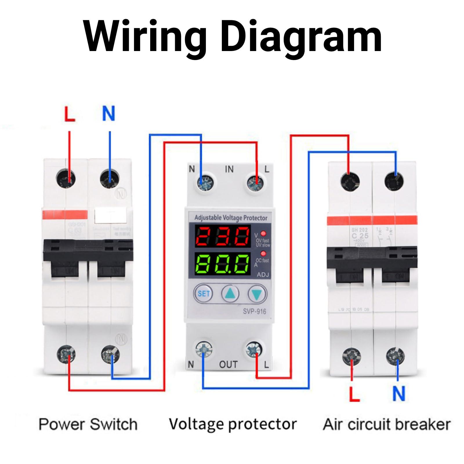 LiebeWH Single Phase Voltage Protector, Adjustable Over and Under Voltage Current Protector 230VAC Current Protector for Appliances(63A)