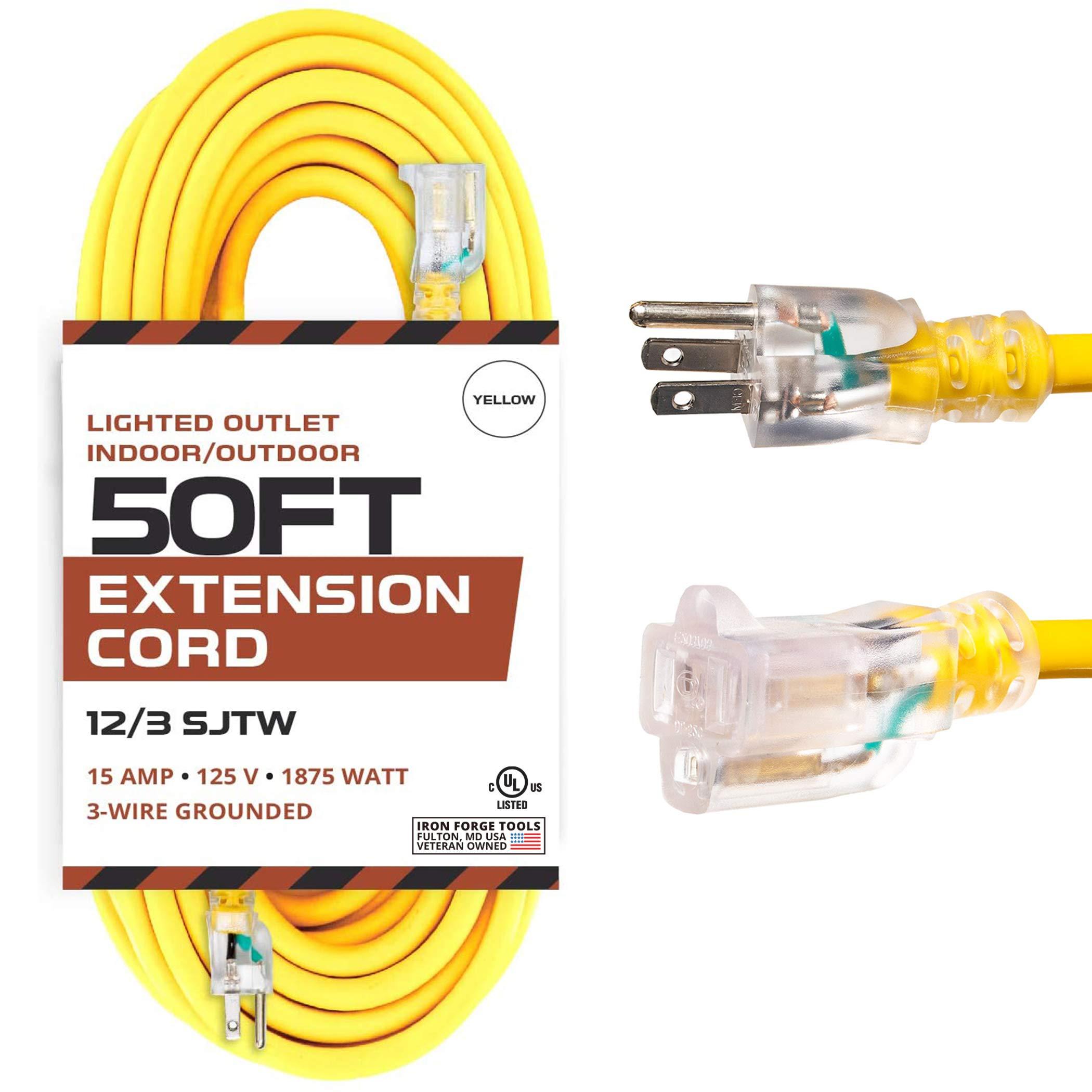IRON FORGE CABLE IRON FORGE CABLE 50 ft Lighted Outdoor Extension Cord - 12/3 SJTW Heavy Duty Yellow Extension Cable with 3 Prong Grounded Plug for Safety, 15AMP - Great for Garden and Major Appliances