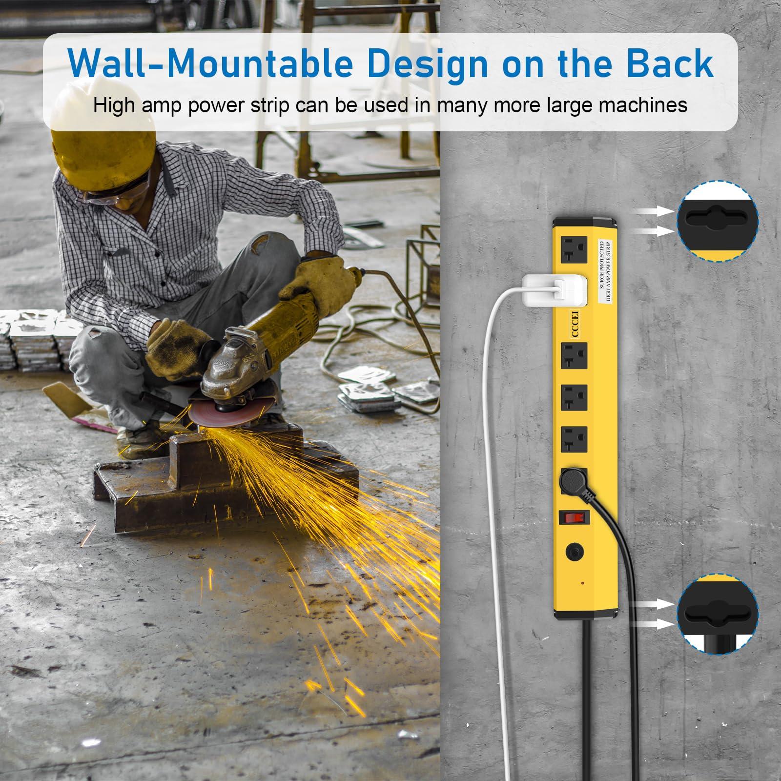 CCCEI CCCEI Heavy Duty Power Strip Surge Protector 20 Amp, High Amp Industrial Shop Garage Metal Multiple Outlets, 4 FT 12 Gauge 5-15P Extension Cord 6 Outlet 6-20R T-Slot 20a for Appliance, Yellow.