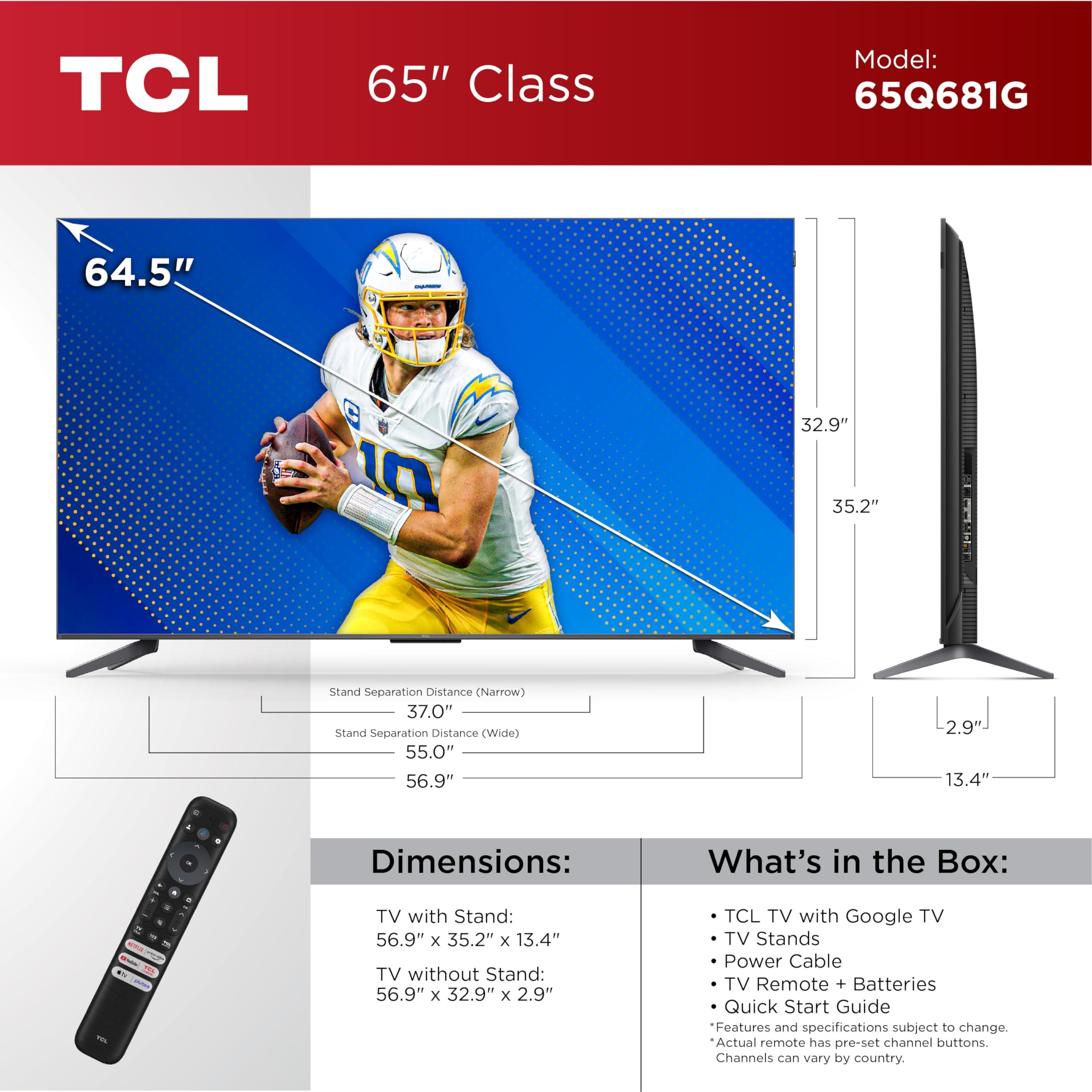 TCL TCL 65-Inch Q68 QLED Pro 4K UHD Smart TV with Google TV (65Q681G, 2024 Model) Dolby Vision, Dolby Atmos, HDR Pro, Game Accelerator up to 120Hz, Voice Remote, Works with Alexa, Streaming Television