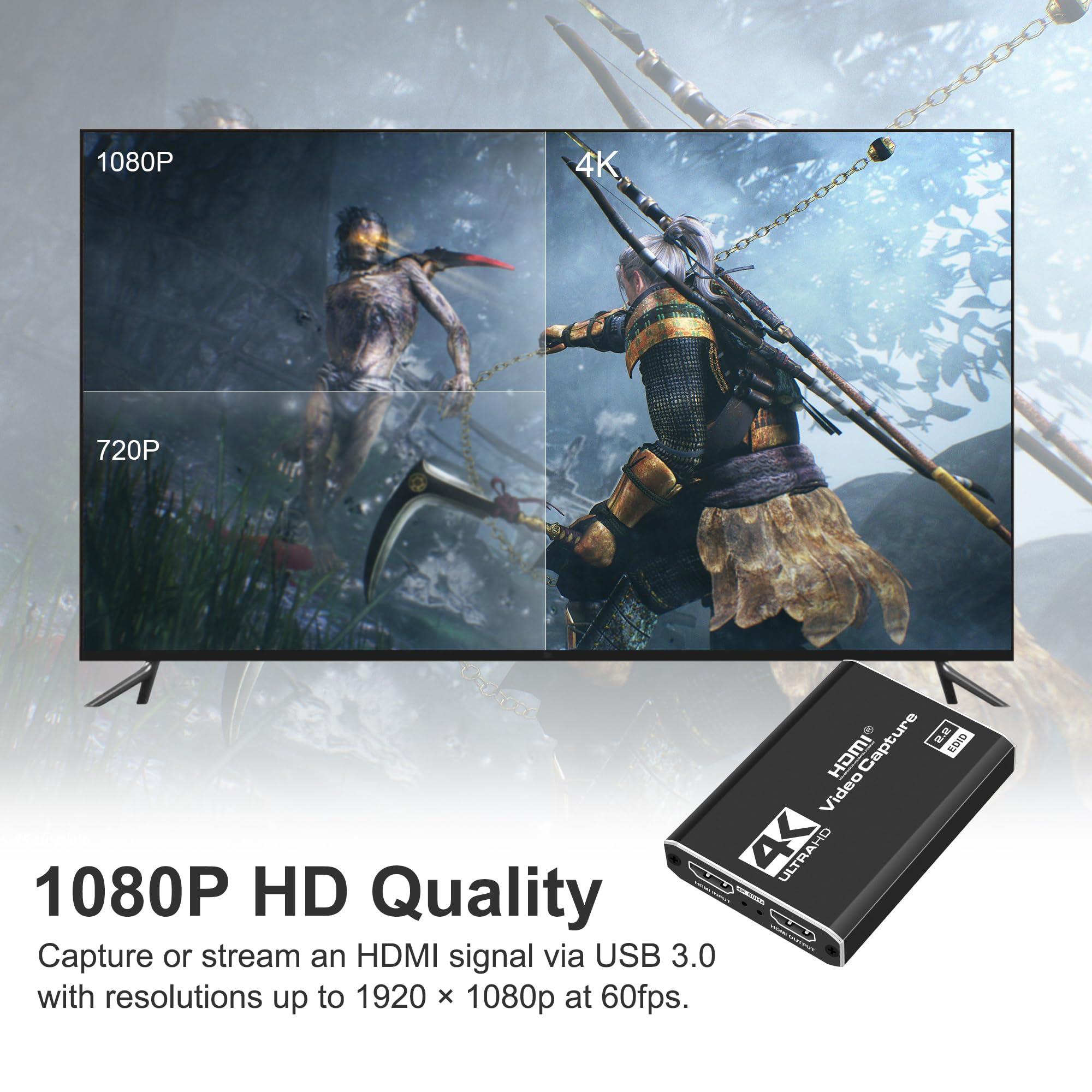 Dcyfol 4K HDMI Capture Card for Streaming, Full HD 1080P 60FPS USB Cam Link Game Audio Video Capture Card Nintendo Switch/PS5/3ds/Xbox/PS4 (Black)