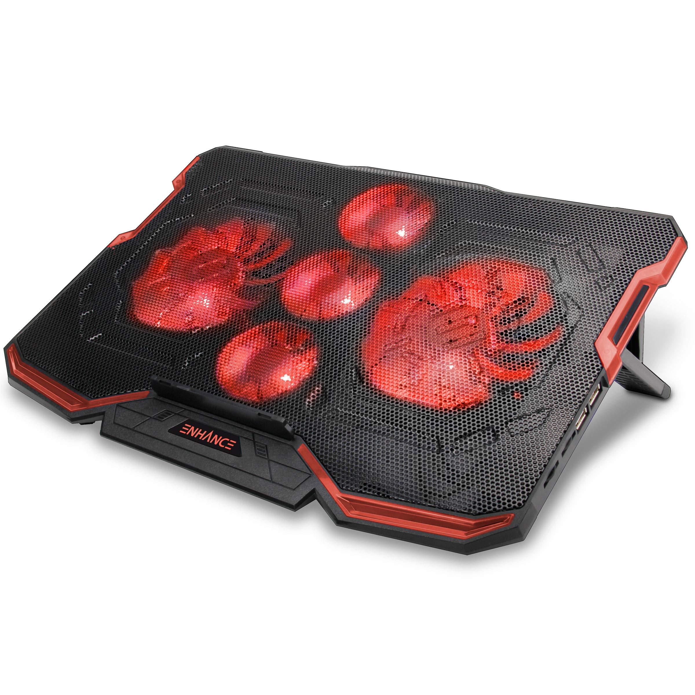 ENHANCE ENHANCE Cryogen Gaming Laptop Cooling Pad - Fits 17 in. Computer , PS4 - Adjustable Laptop Cooling Stand with 5 Quiet Cooler Fans , 2 USB Ports and LED Lighting - Slim Portable Design 2500 RPM (Red)