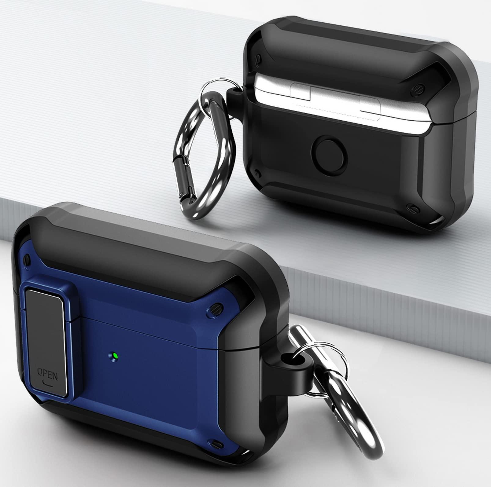 Nakedcellphone Secure-Click Series for Apple Airpods Pro Case, Nakedcellphone Rugged Hybrid Protective Cover with Carabiner Keychain Clip and Lock Closure for Airpods Pro Console (2019) - Navy Blue