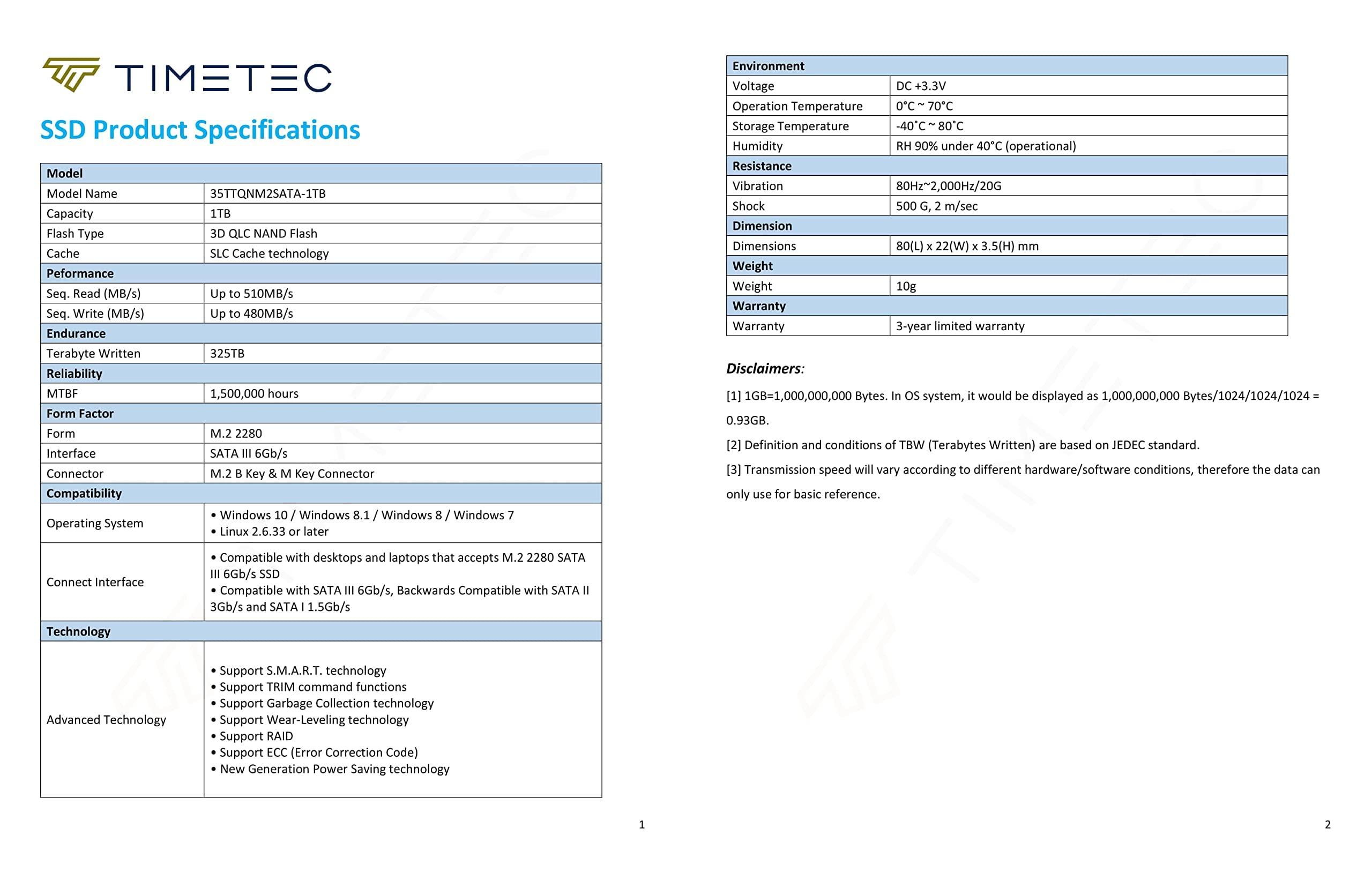 Timetec Timetec 1TBx2 (2 Pack) SSD 3D NAND SATA III 6Gb/s M.2 2280 NGFF Read Speed Up to 550MB/s SLC Cache Performance Boost Internal Solid State Drive for PC Computer Laptop and Desktop