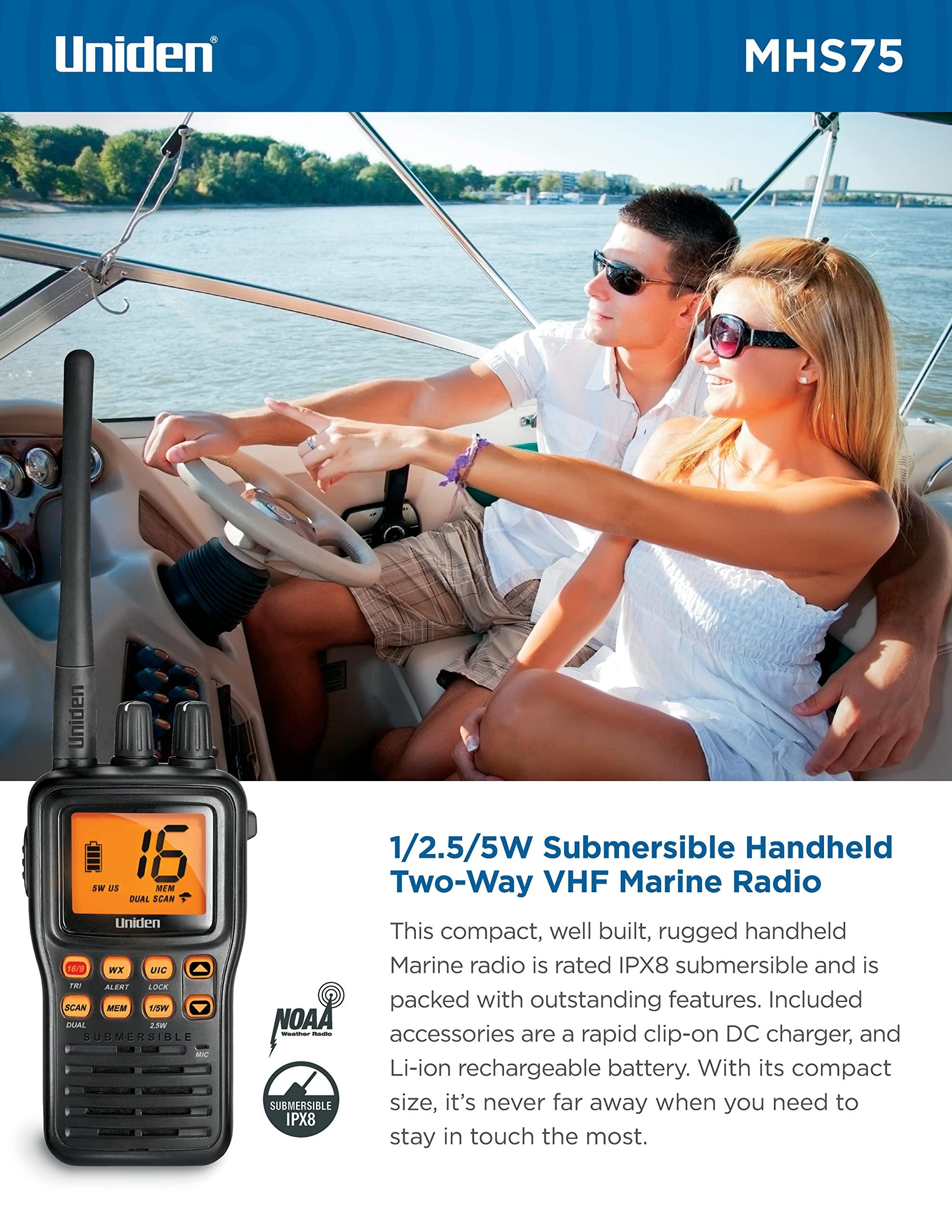 Uniden Uniden MHS75 Waterproof Handheld 2-Way VHF Marine radio, Submersible, Selectable 1/2.5/5 Watt Transmit Power. All USA/International and Canadian Marine Channels - Color Black