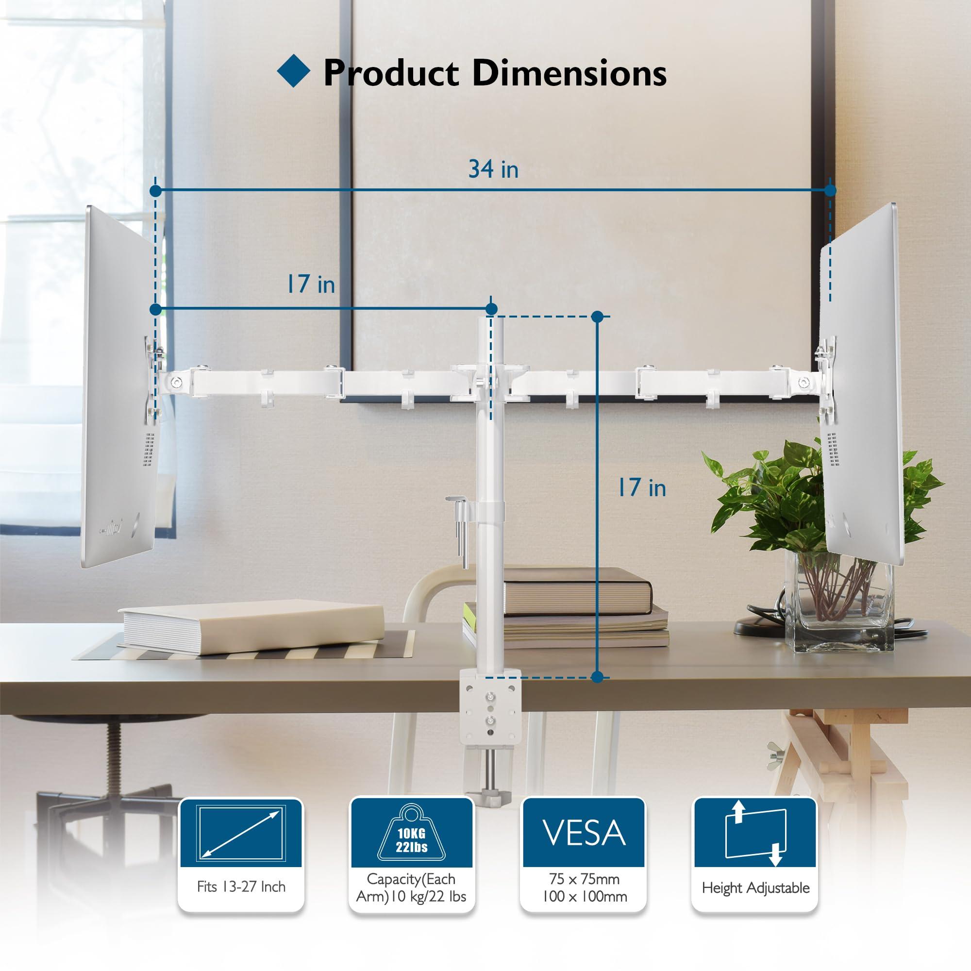 BONTEC BONTEC Dual Monitor Stand White, Monitor Mount for 13-27 Inch LCD LED, Ergonomic Full Motion Heavy Duty Double Monitor Arms Hold up to 22 lbs, VESA 75x75/100x100 mm