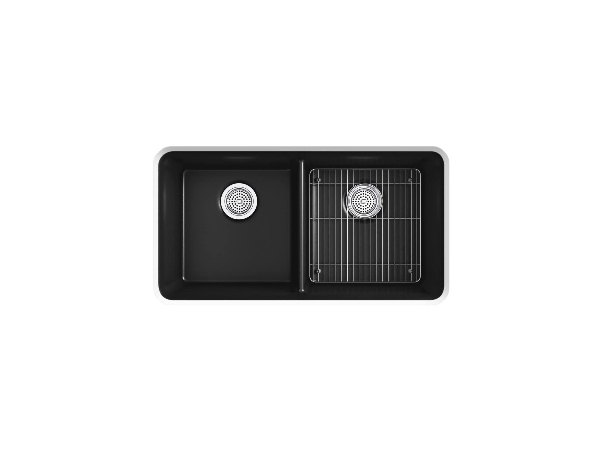 Kohler KOHLER K-8199-CM1 Cairn Sink, 33\" Neoroc Composite Undermount Double-Bowl Kitchen Sink, Composite Kitchen Sink with Sink Rack, Matte Black