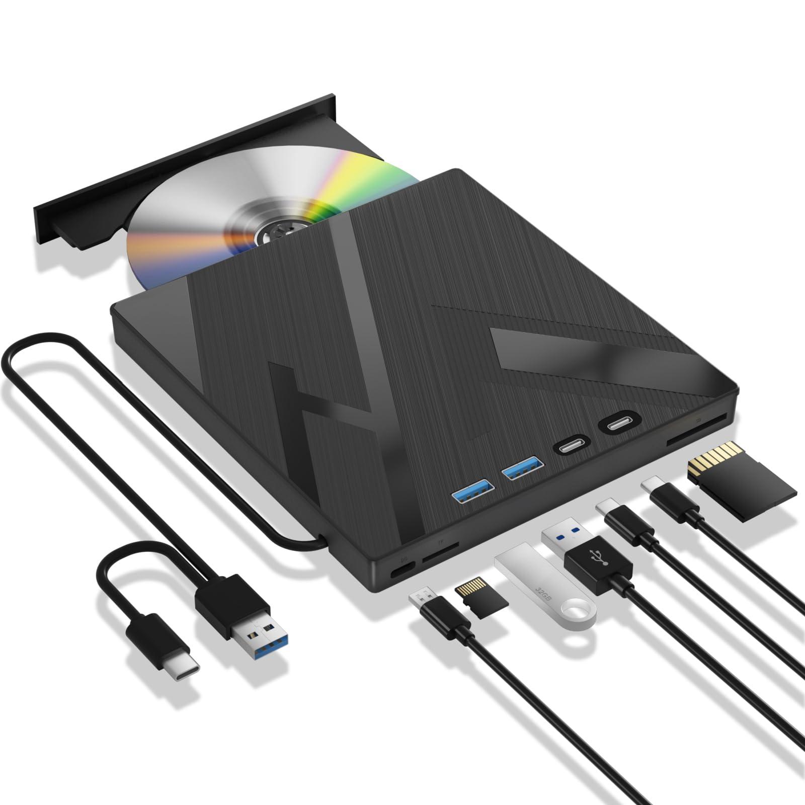 Wbacon 7 in 1 External Blu-ray Drive, USB 3.0 Type-C Optical External Bluray/DVD Drive Burner with SD/TF Port, Support 100G Disc R/W for PC Compatible with Windows XP/7/8/10/11 Mac Laptop Desktop