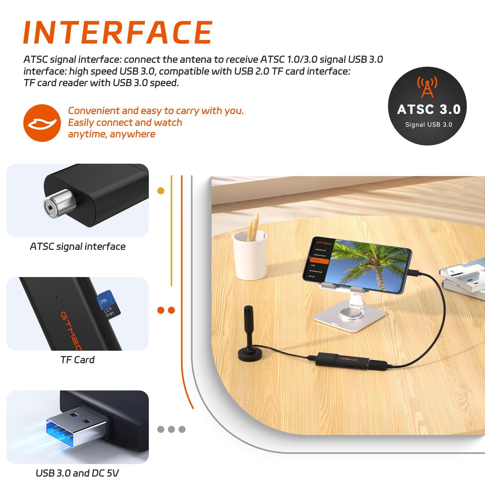 XYTEC USB TV Tuner Next-Gen ATSC 3.0 / ATSC 1.0 Stick for Multiple-Android Phone Tablet Car Computer USB 3.0 Digital TV Tuners with DVR Recording Support HDTV Player Android App