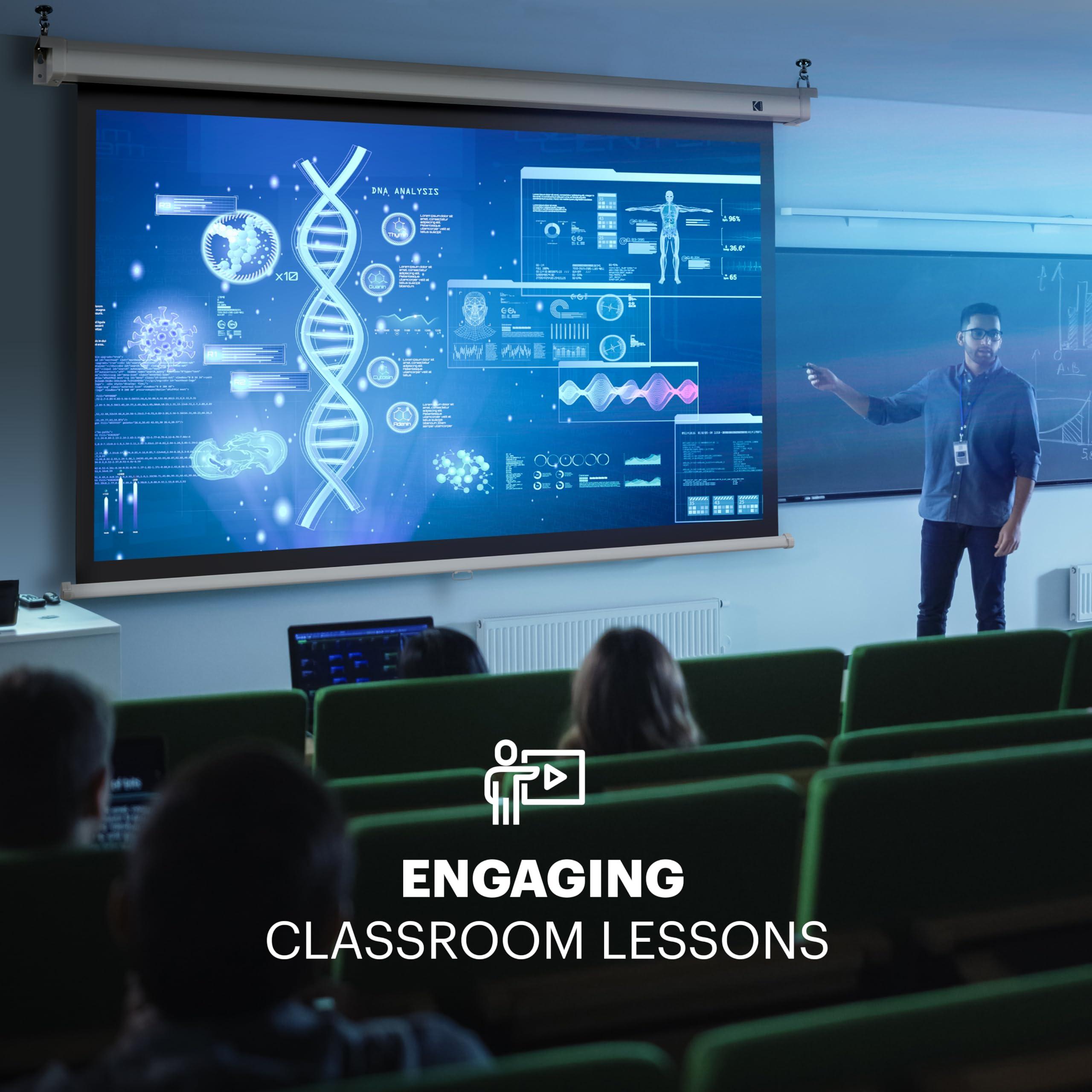 KODAK KODAK Manual Pull-Down White Projector Screen 80" Inch | Large 16:9 Office, Home Movie Theater Screen with Wall & Ceiling Mount Options, Easy-Clean Matte Fabric & Retractable Hanging Design | Indoor.