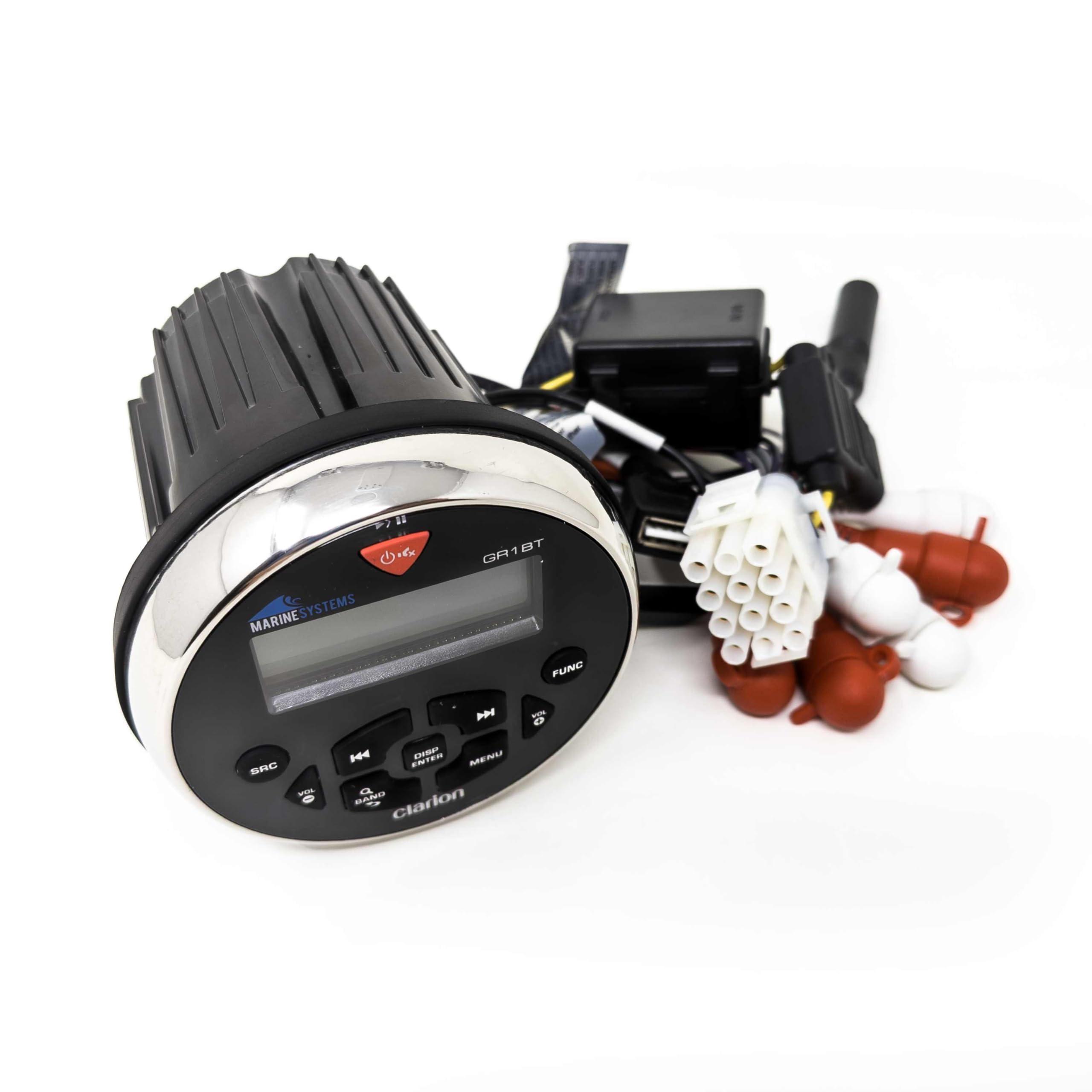 Clarion Clarion GR1BT Marine USB/MP3/WMA/BT Receiver with Stinger SEADASH3B Black Marine Dash Kit and Flush Mount USB/AUX