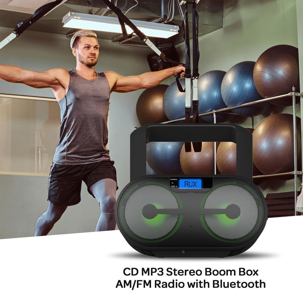 Riptunes Riptunes Portable CD Player Boombox AM FM Radio, Bluetooth, USB, Aux-Input, MP3 CD Stereo Sound with Bass Boost, Party Lights, Headphone Jack, Backlit LCD Display, with Remote, Black